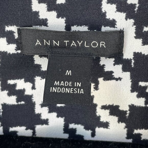 Ann Taylor Womens Medium Houndstooth Camp Shirt Blouse Black White Top - Picture 7 of 13